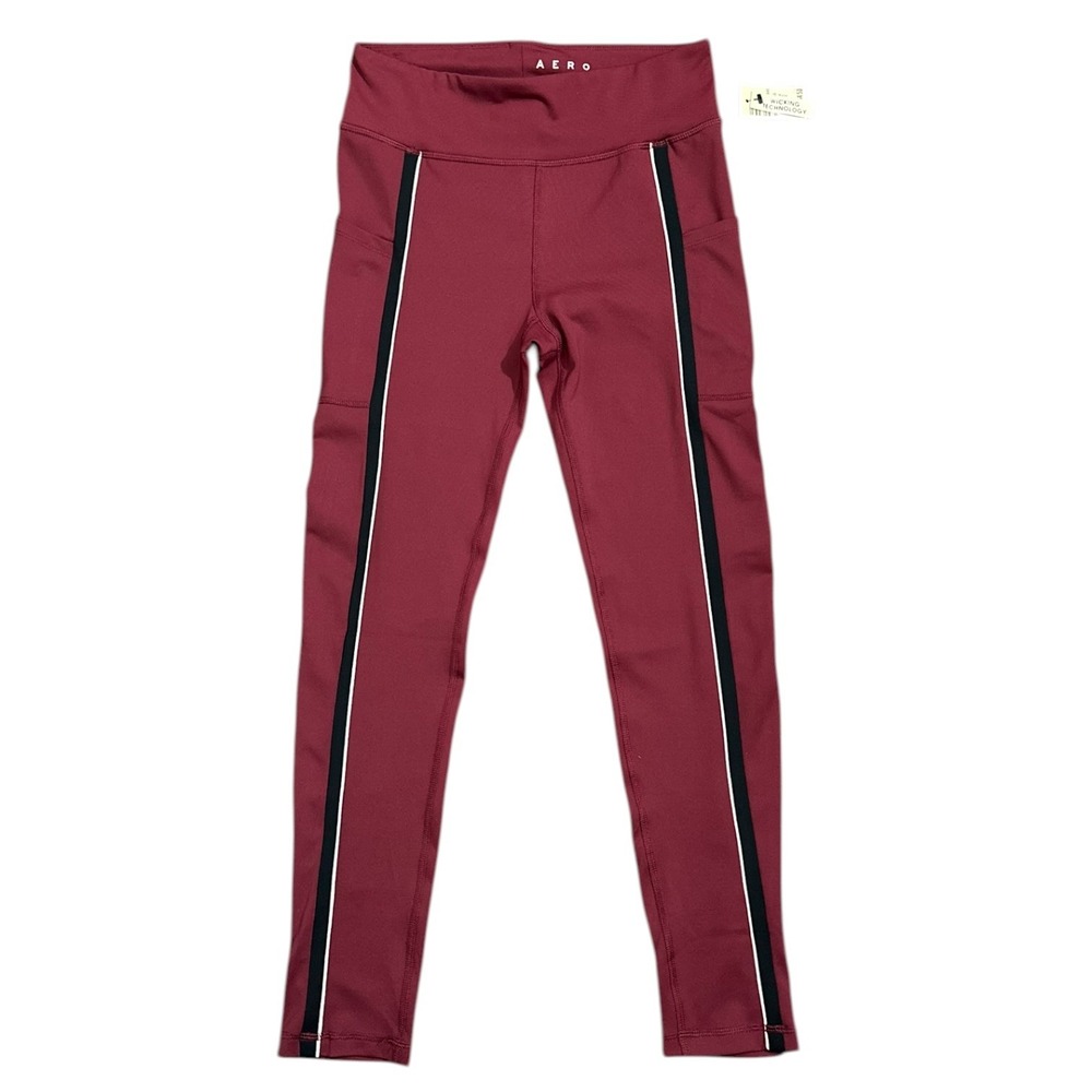 Aero Burgundy High Rise Wicking Performance Leggings Side Stripes Size M- NWT